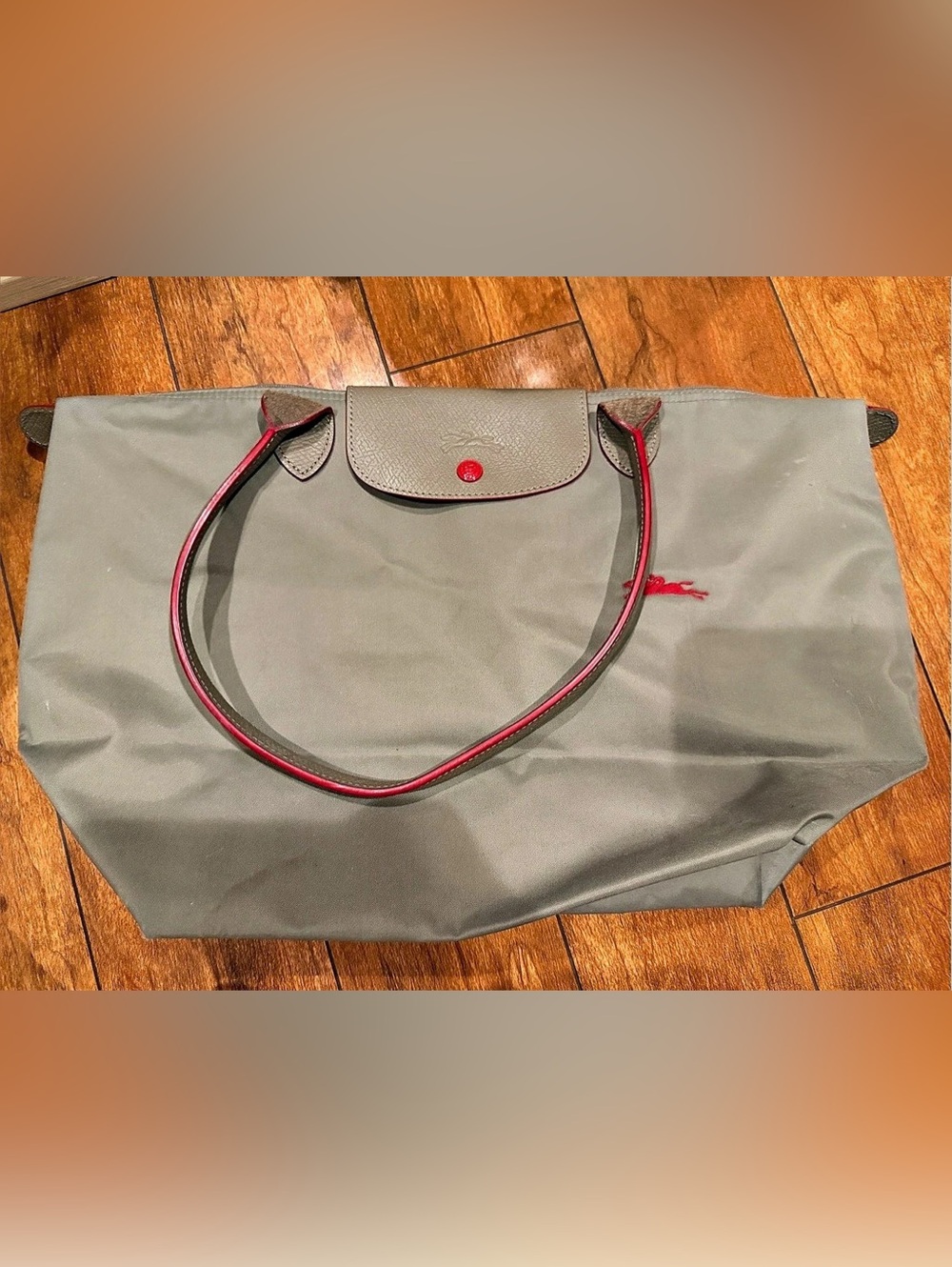 70th Anniversary Limited Edition Longchamp Le Pliage Tote in Gray & Red